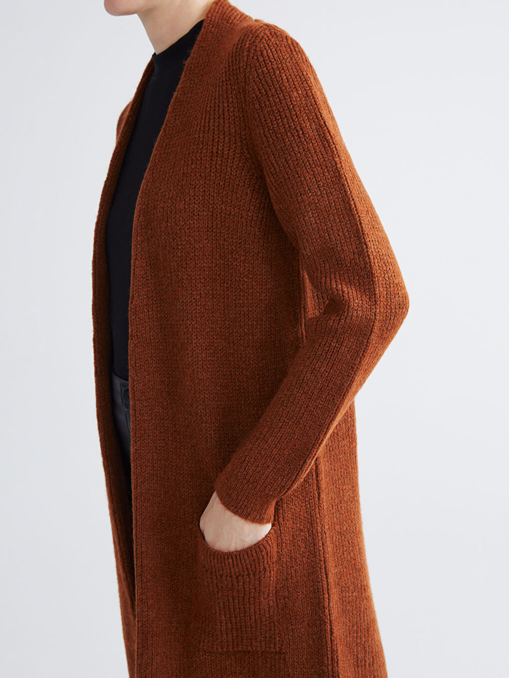 Kahverengi Şal Yaka Kadın Triko Hırka-2