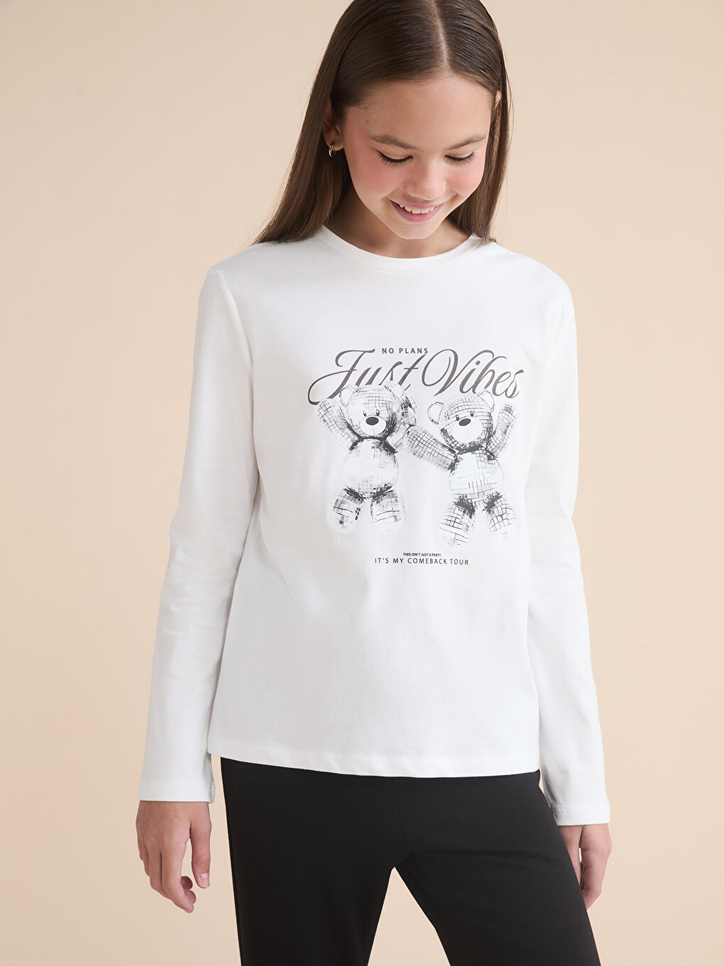 Crew Neck Long Sleeve Printed Girls' T-Shirt
