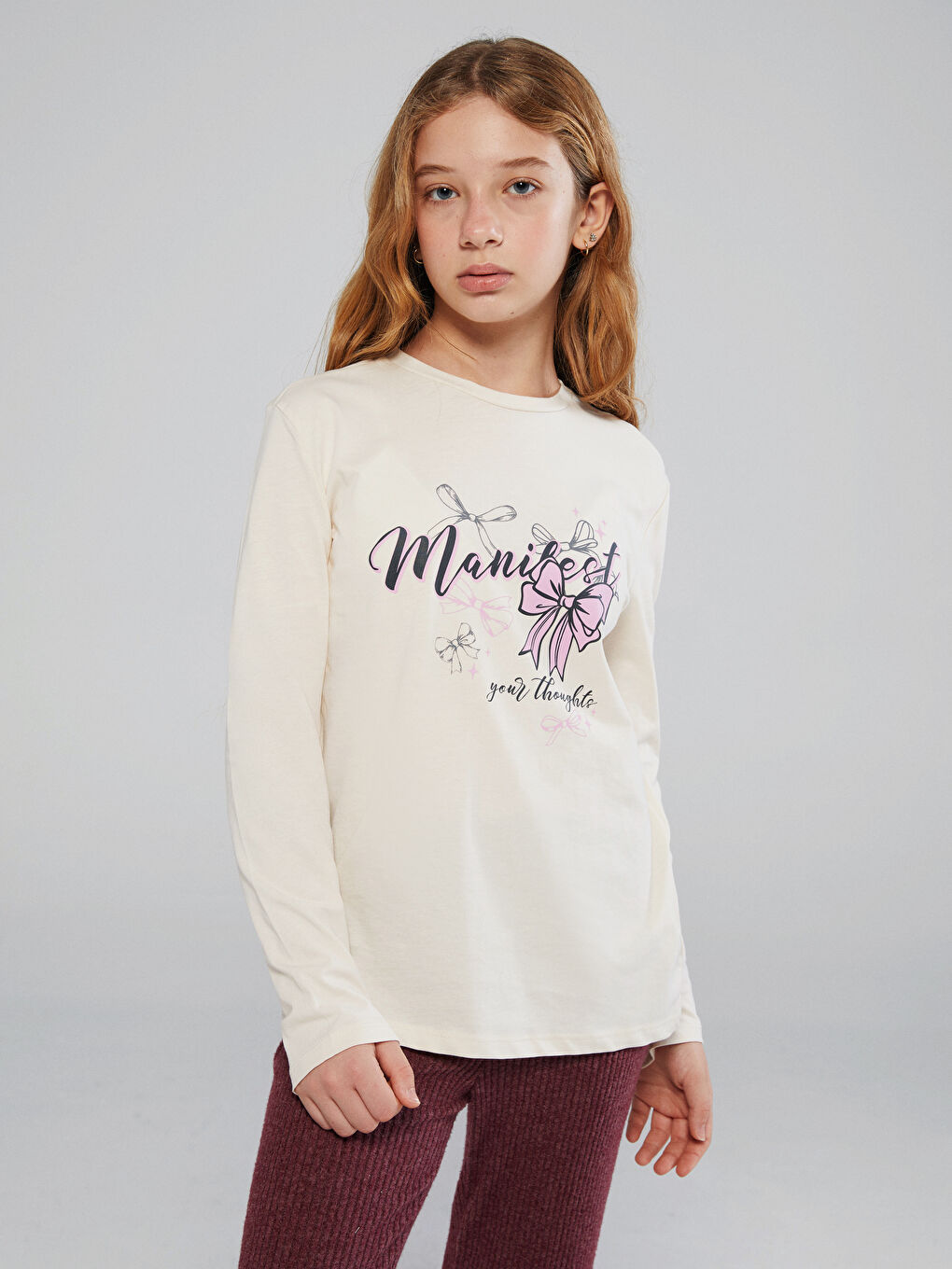 Crew Neck Long Sleeve Printed Girls' T-Shirt