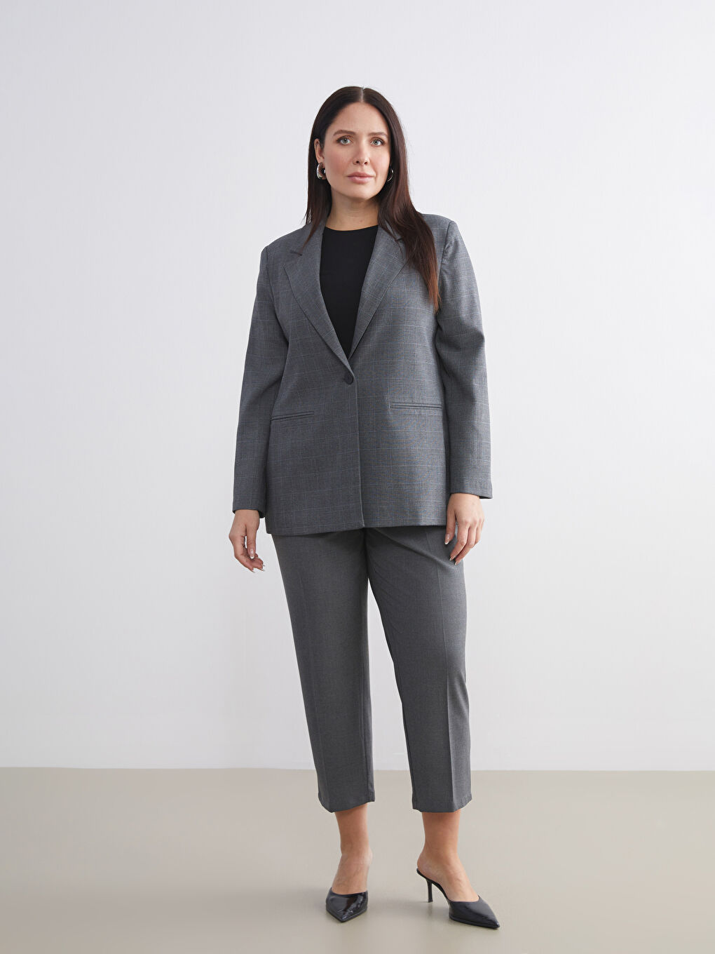 Gri Ekose Kadın Blazer Ceket-6