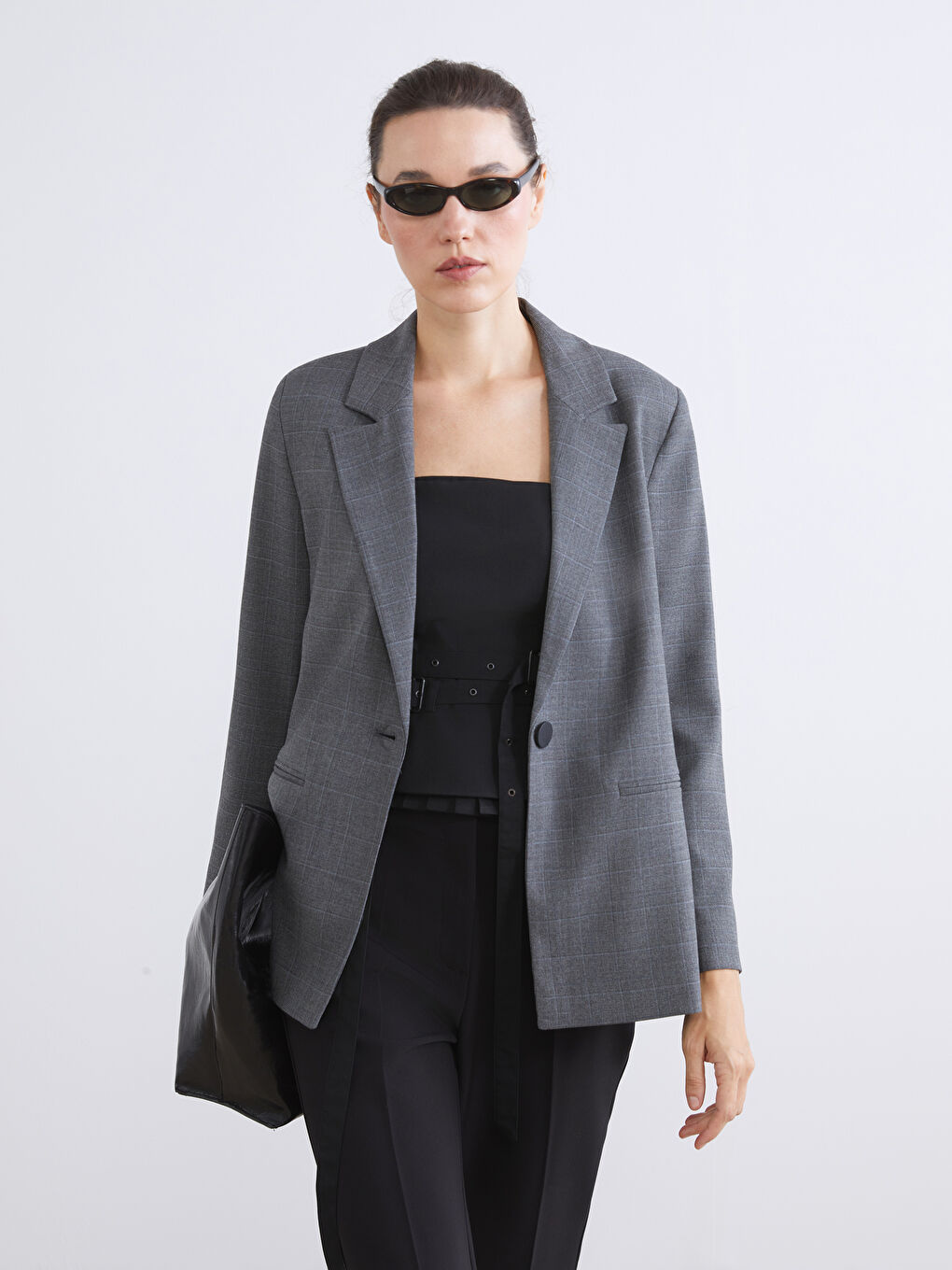 Gri Ekose Kadın Blazer Ceket