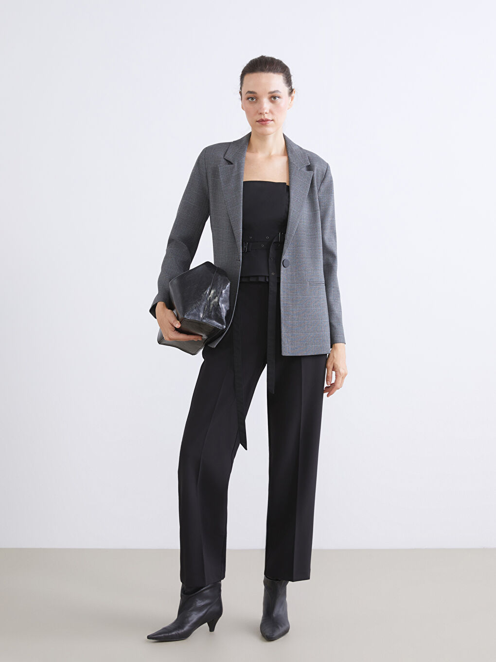 Gri Ekose Kadın Blazer Ceket-2