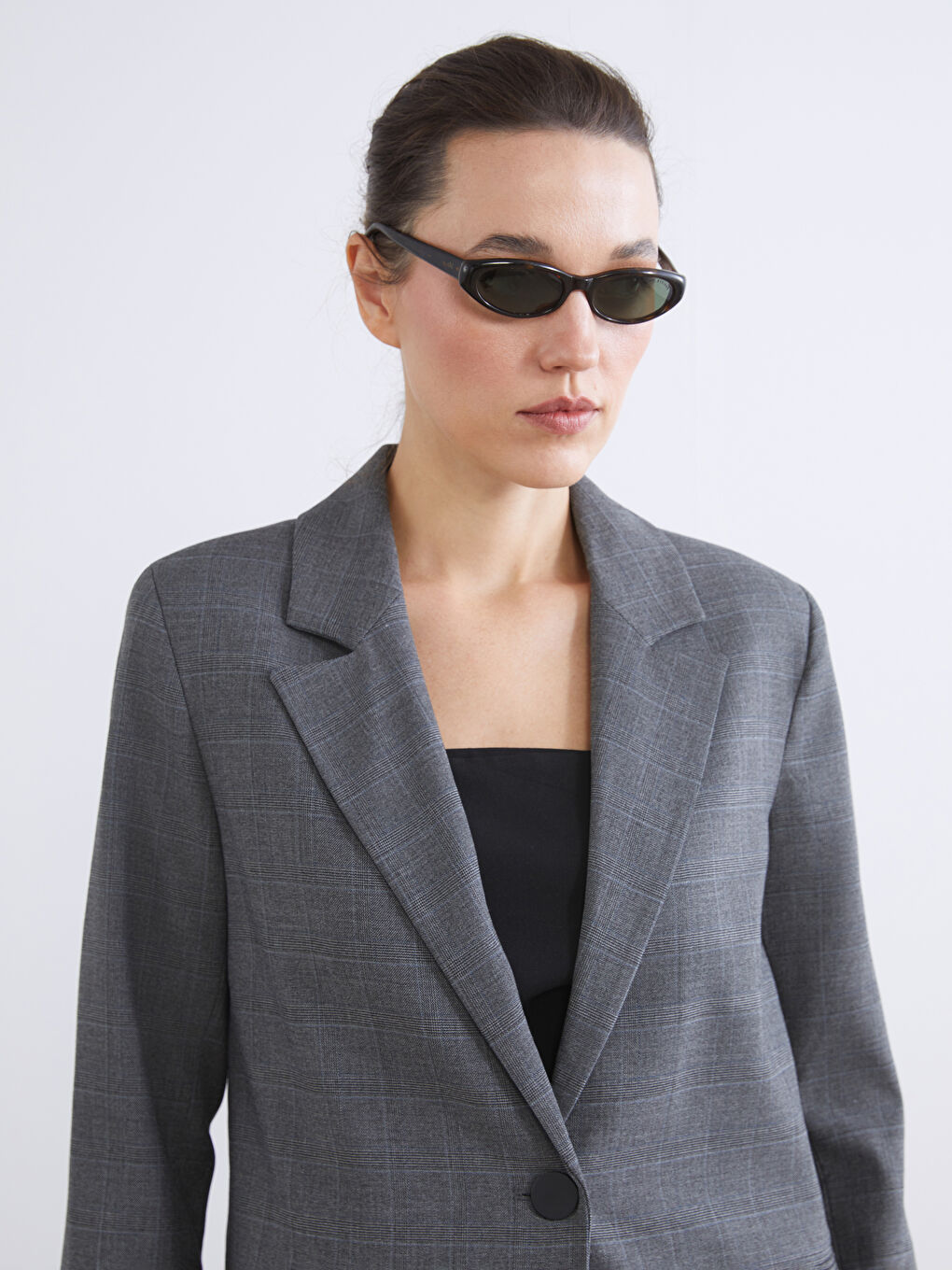 Gri Ekose Kadın Blazer Ceket-3