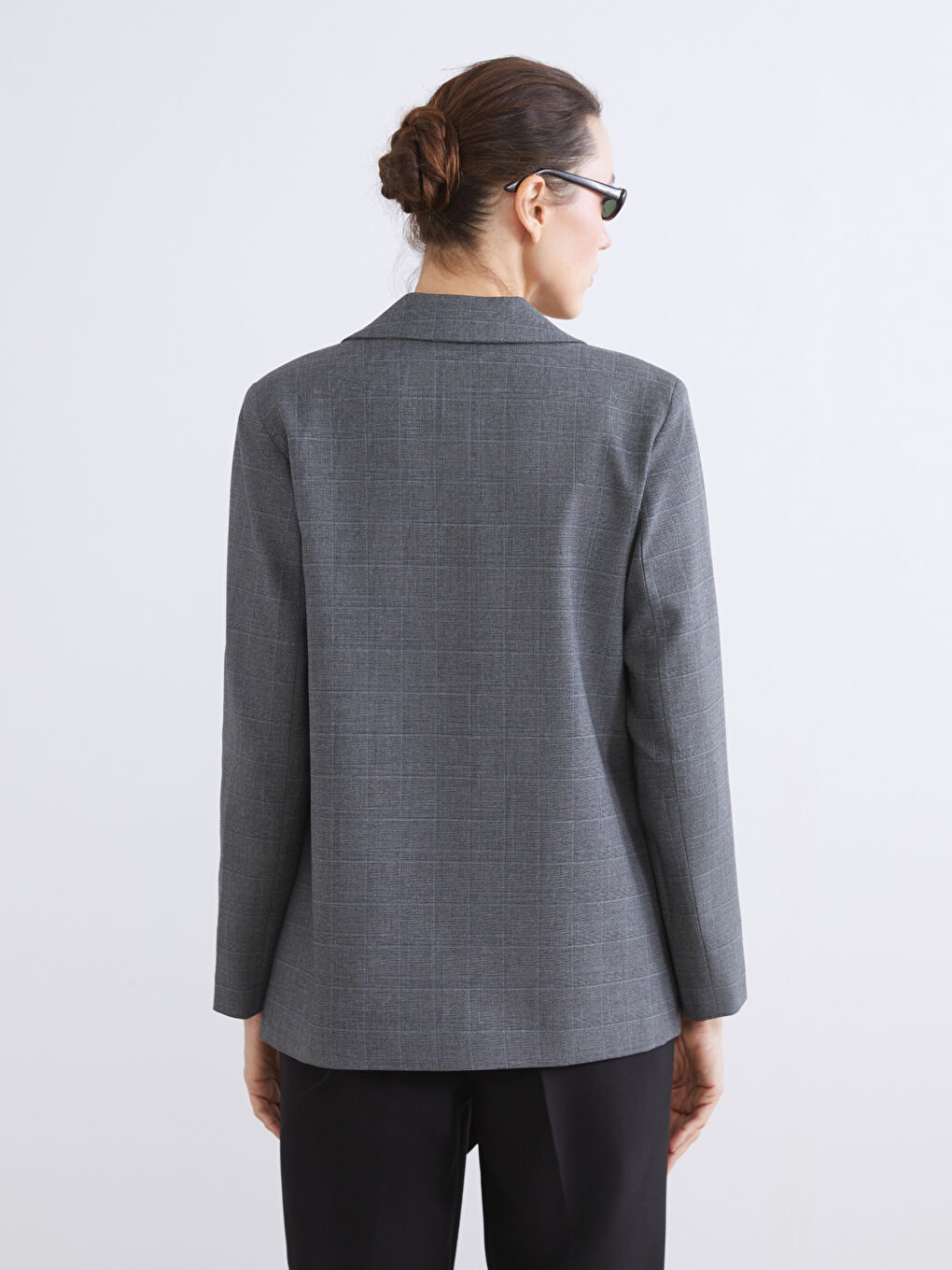 Gri Ekose Kadın Blazer Ceket-5