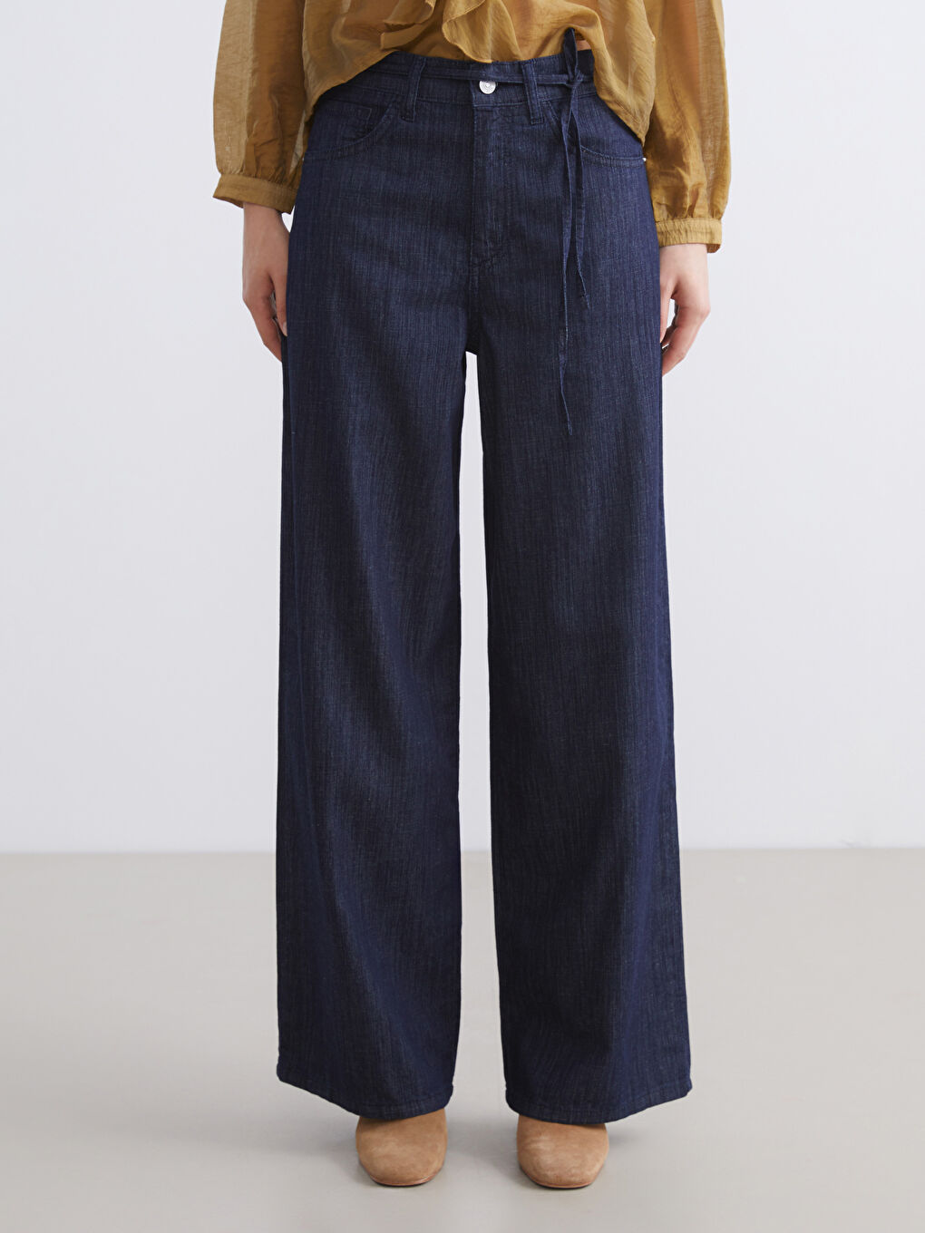 İndigo Beli Kuşaklı Wideleg Kadın Jean Pantolon-1