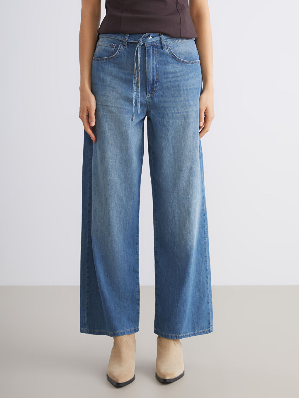 İndigo Beli Kuşaklı Wideleg Kadın Jean Pantolon-1