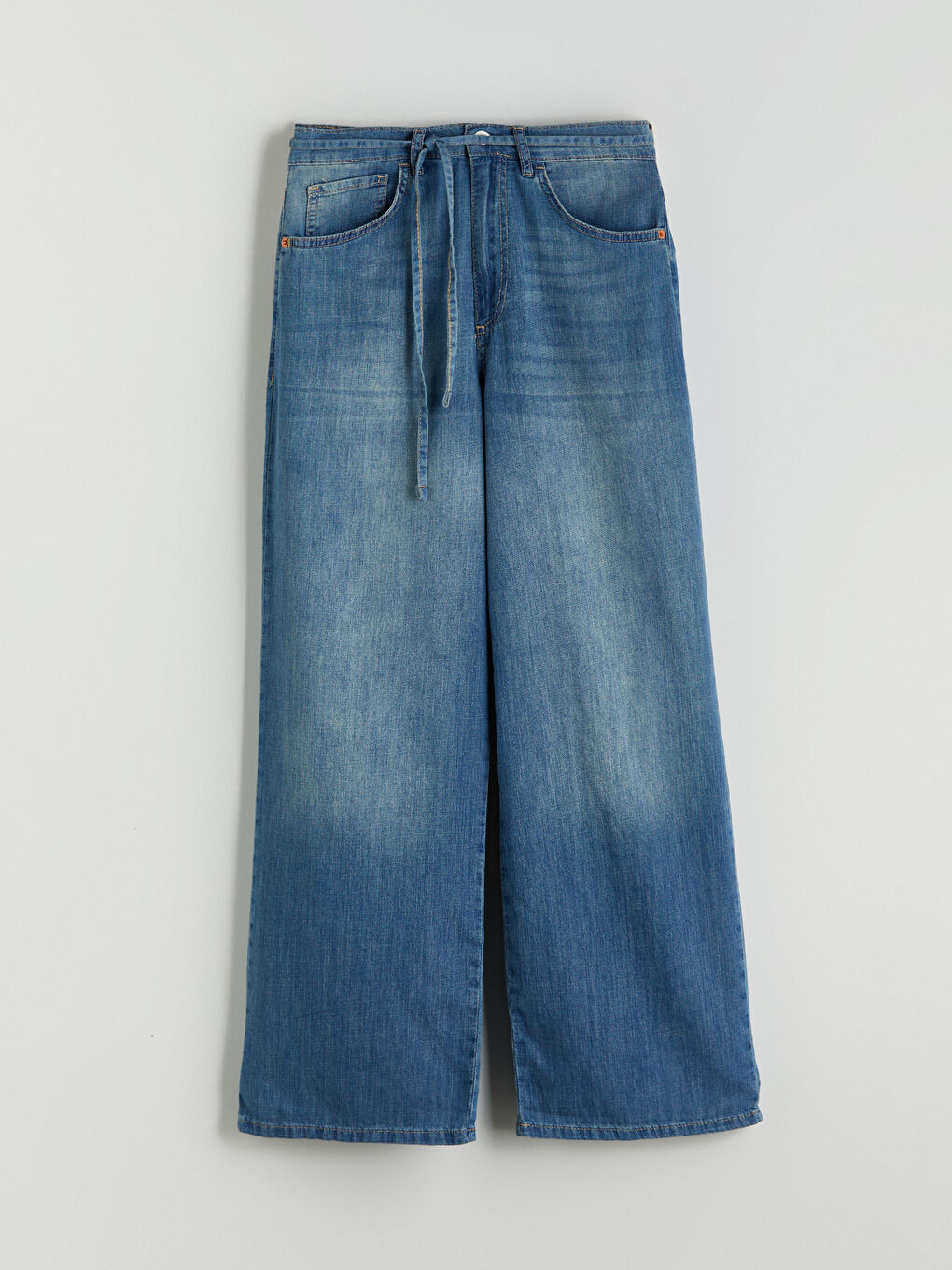 İndigo Beli Kuşaklı Wideleg Kadın Jean Pantolon-4