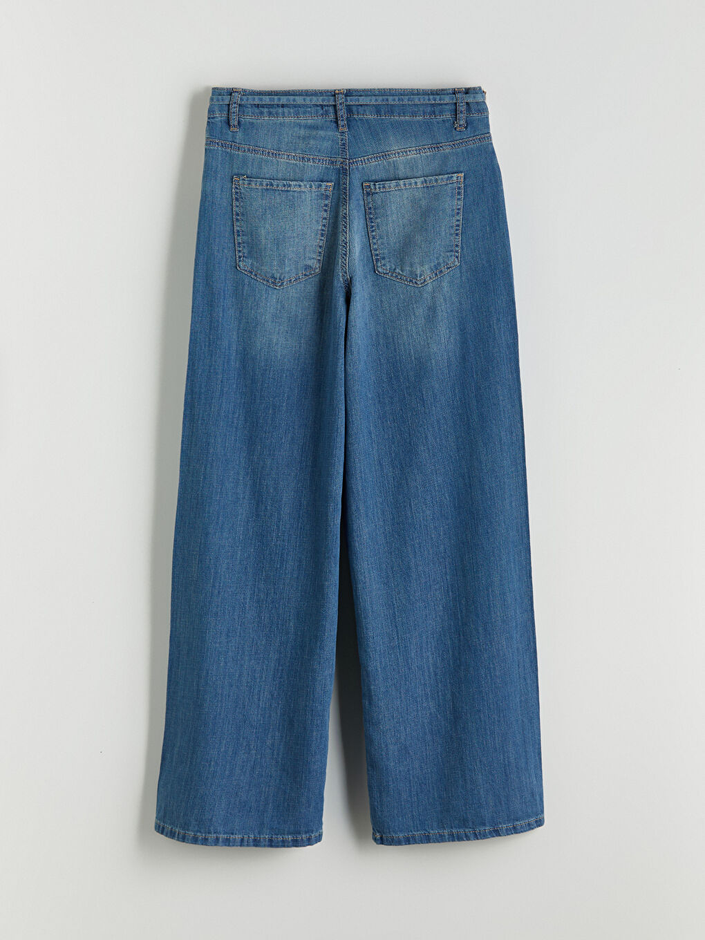 İndigo Beli Kuşaklı Wideleg Kadın Jean Pantolon-5