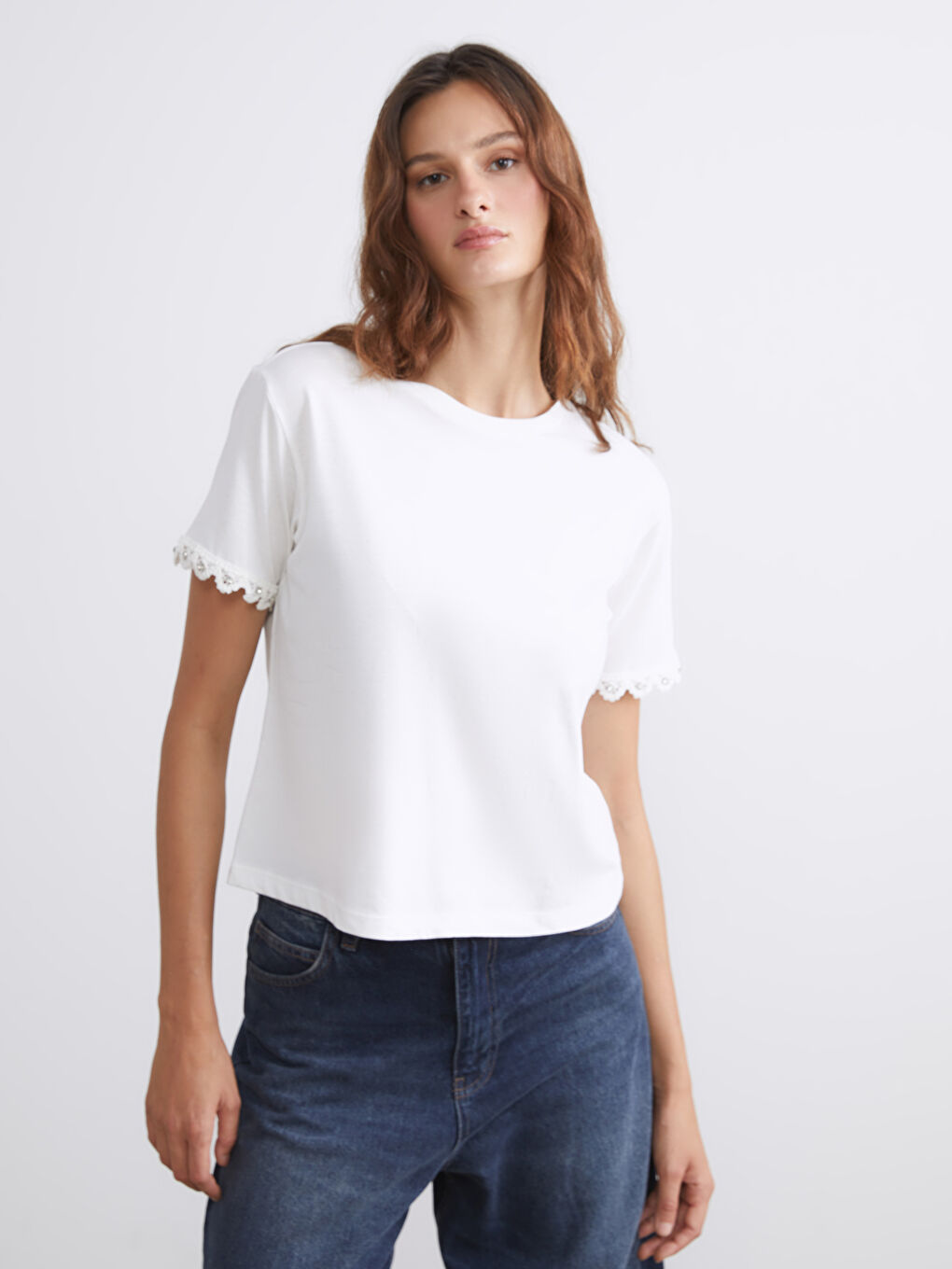 Crew Neck Lace Detailed Blouse