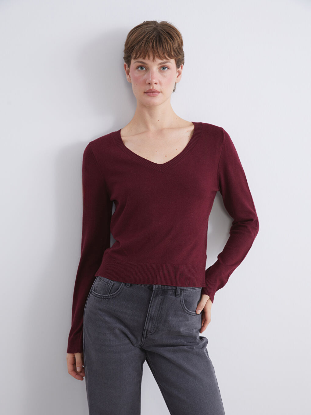 Bordo V Yaka Kadın Triko Kazak