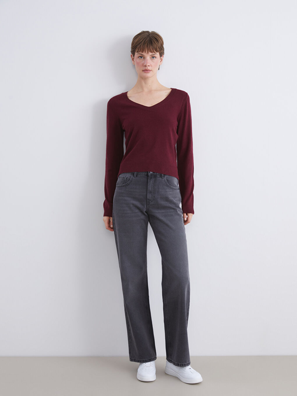 Bordo V Yaka Kadın Triko Kazak-1