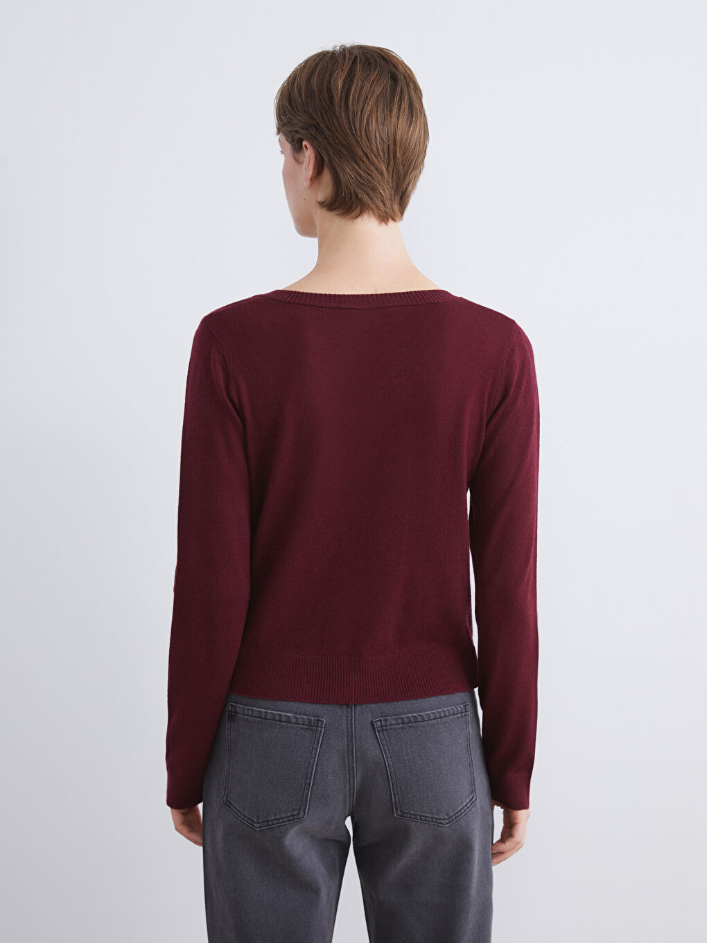 Bordo V Yaka Kadın Triko Kazak-3