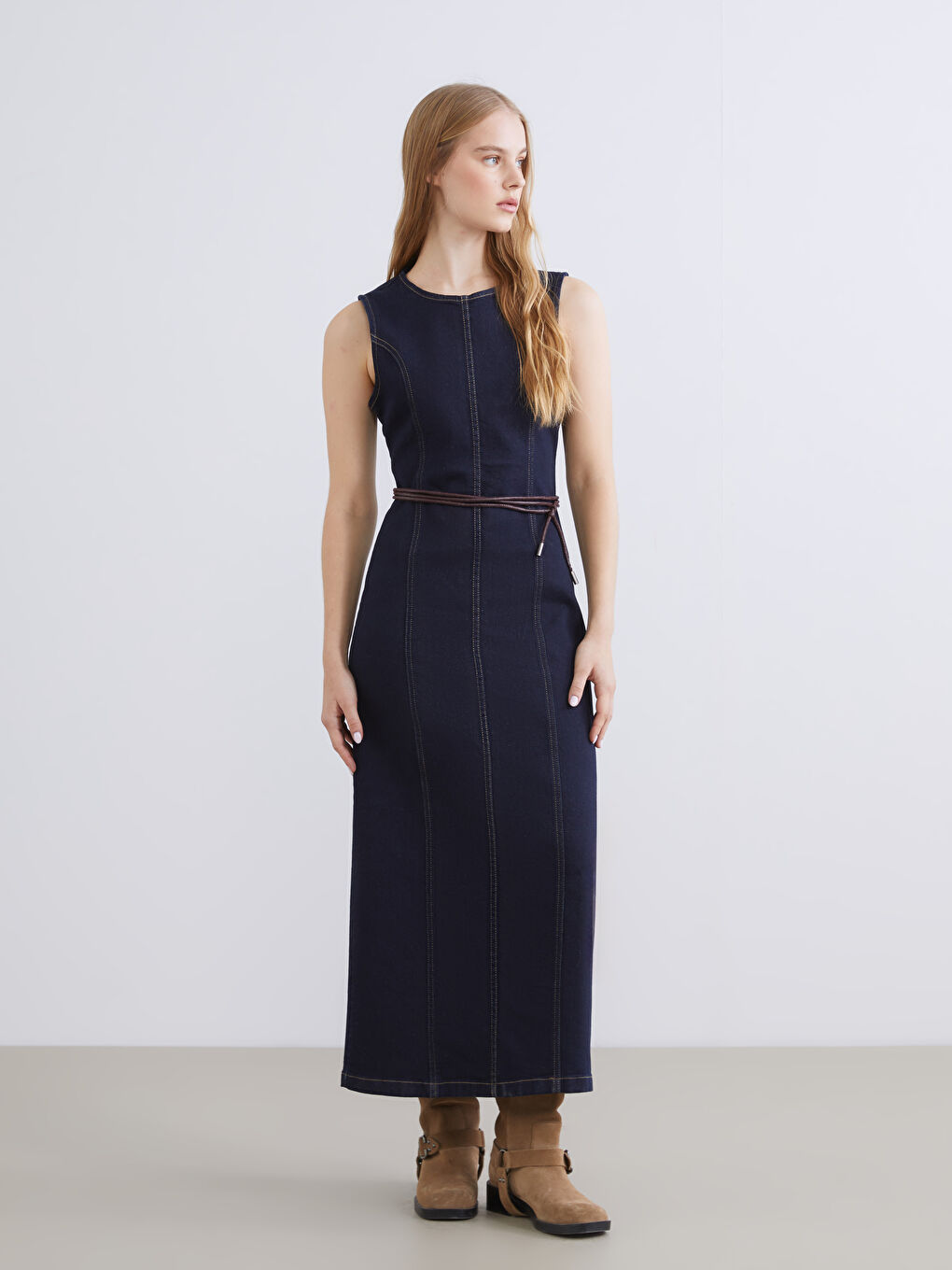 Lacivert Bisiklet Yaka Jean Elbise