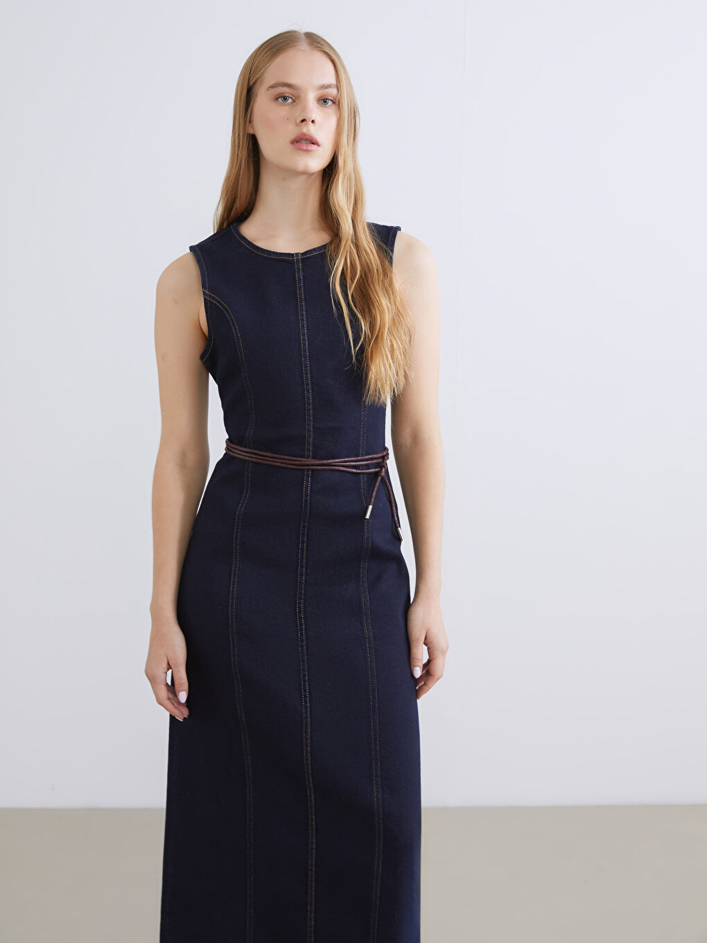 Lacivert Bisiklet Yaka Jean Elbise-1