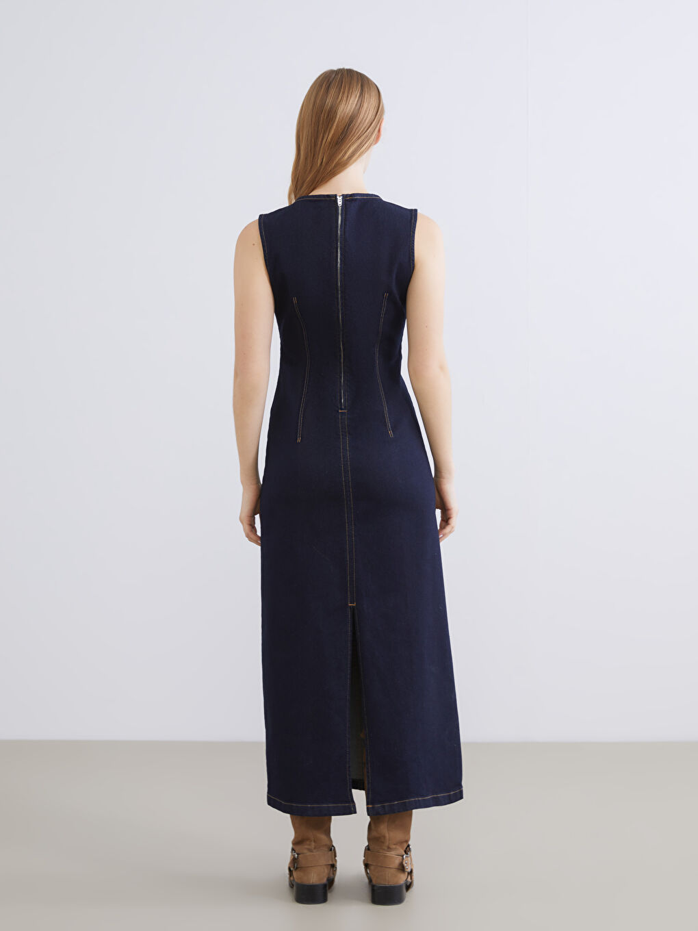 Lacivert Bisiklet Yaka Jean Elbise-3