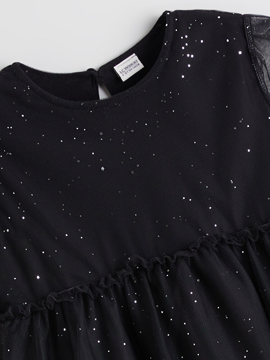 Siyah Bisiklet Yaka Işıltılı Kız Çocuk Elbise-1
