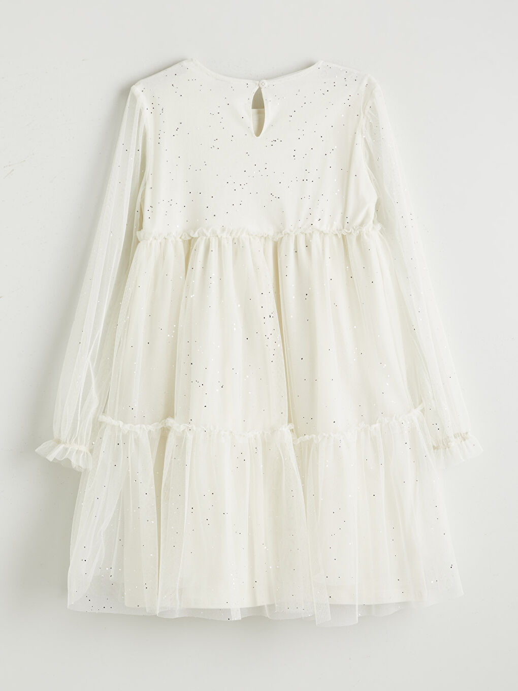 Ekru Bisiklet Yaka Işıltılı Kız Çocuk Elbise-1