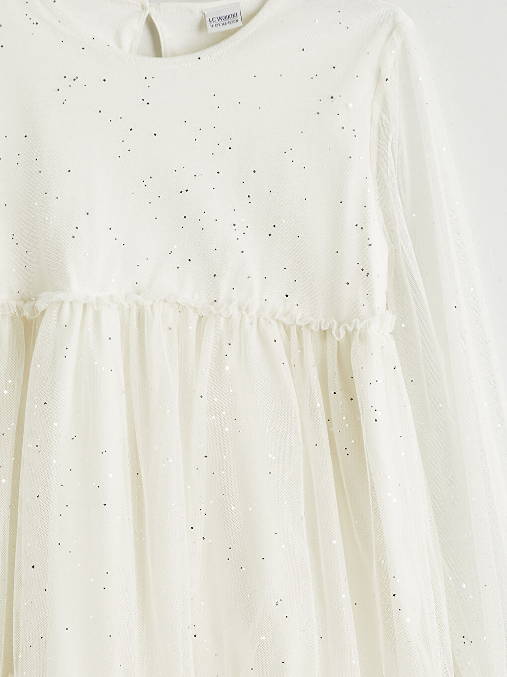 Ekru Bisiklet Yaka Işıltılı Kız Çocuk Elbise-2
