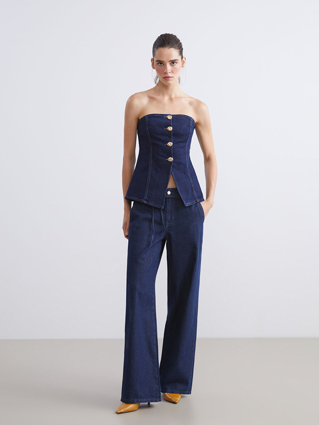 İndigo Beli Kemerli Wideleg Kadın Jean Pantolon