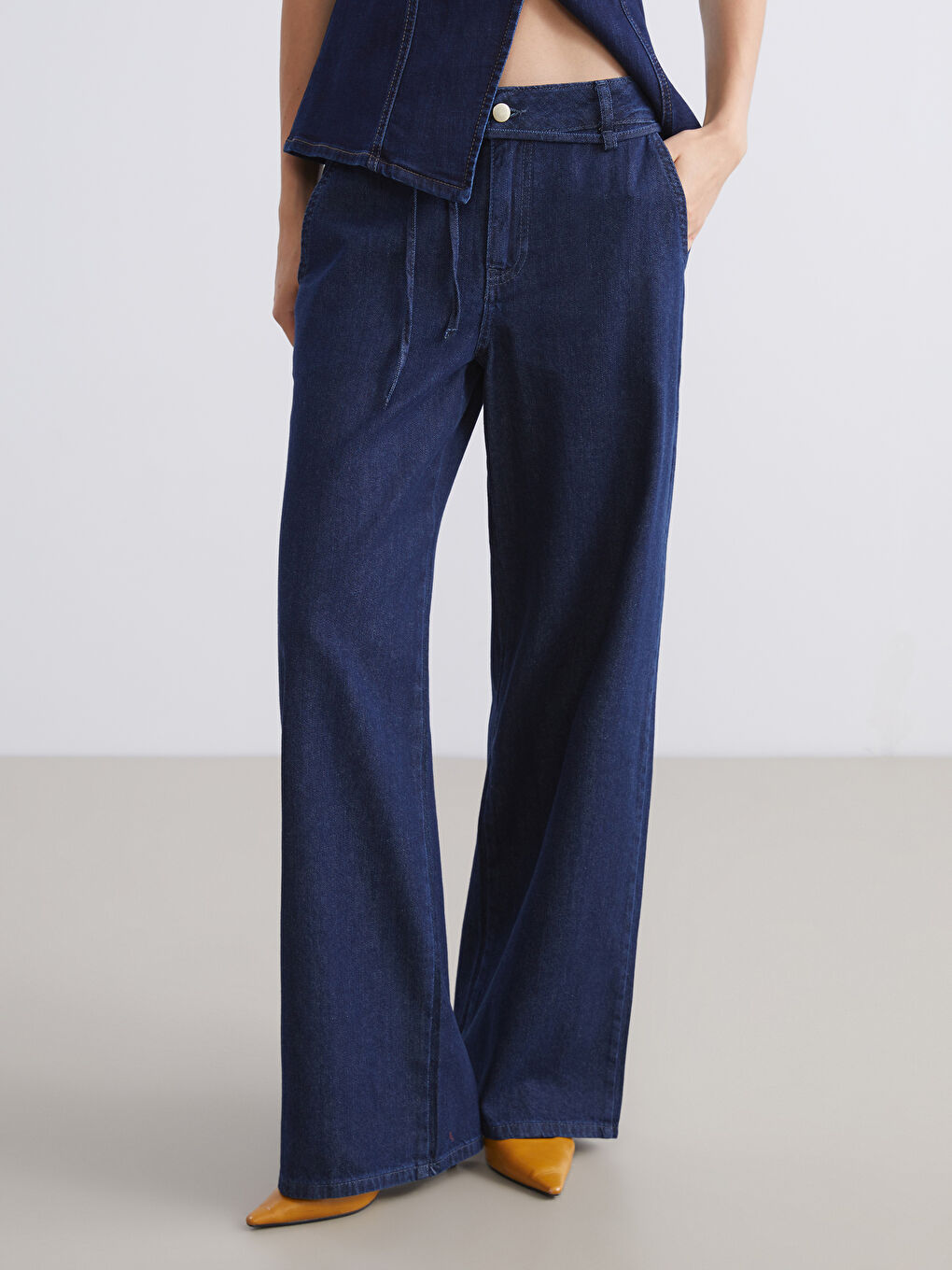 İndigo Beli Kemerli Wideleg Kadın Jean Pantolon-1