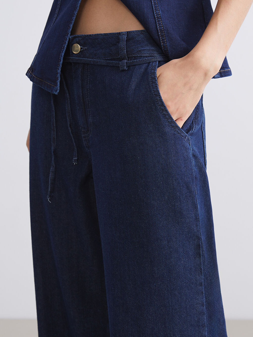 İndigo Beli Kemerli Wideleg Kadın Jean Pantolon-2