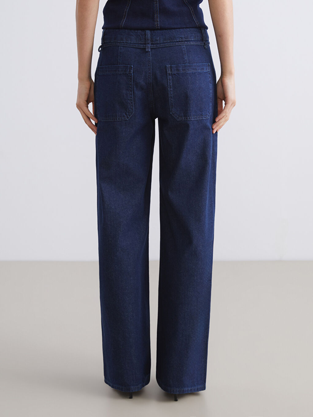 İndigo Beli Kemerli Wideleg Kadın Jean Pantolon-3
