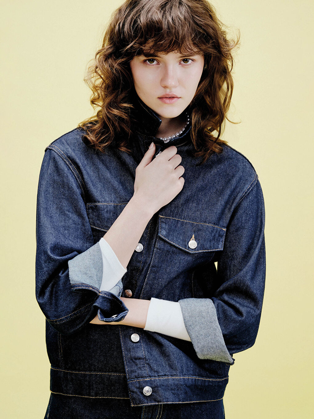 Lacivert Gömlek Yaka Kadın Jean Ceket