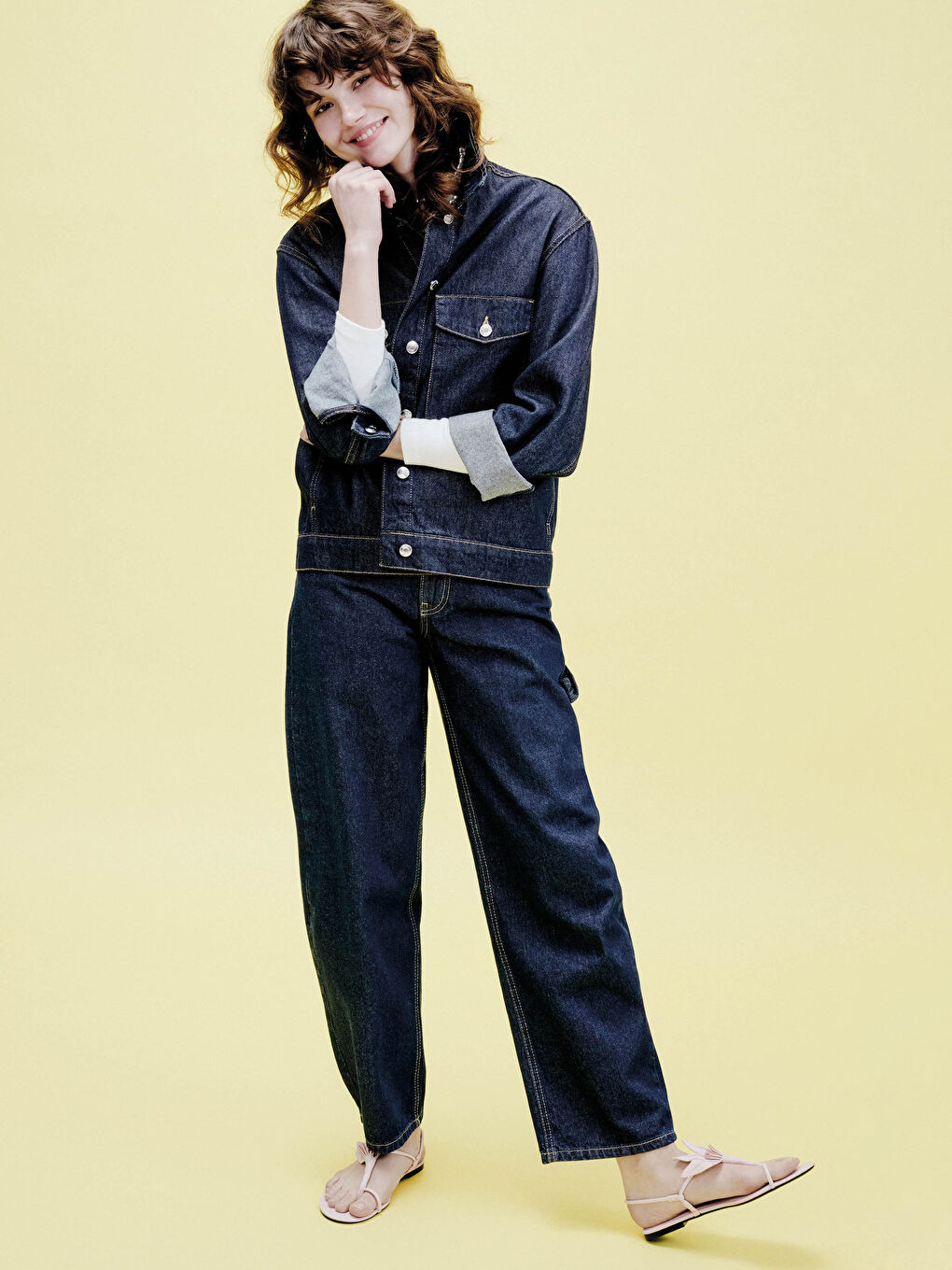 Lacivert Gömlek Yaka Kadın Jean Ceket-1