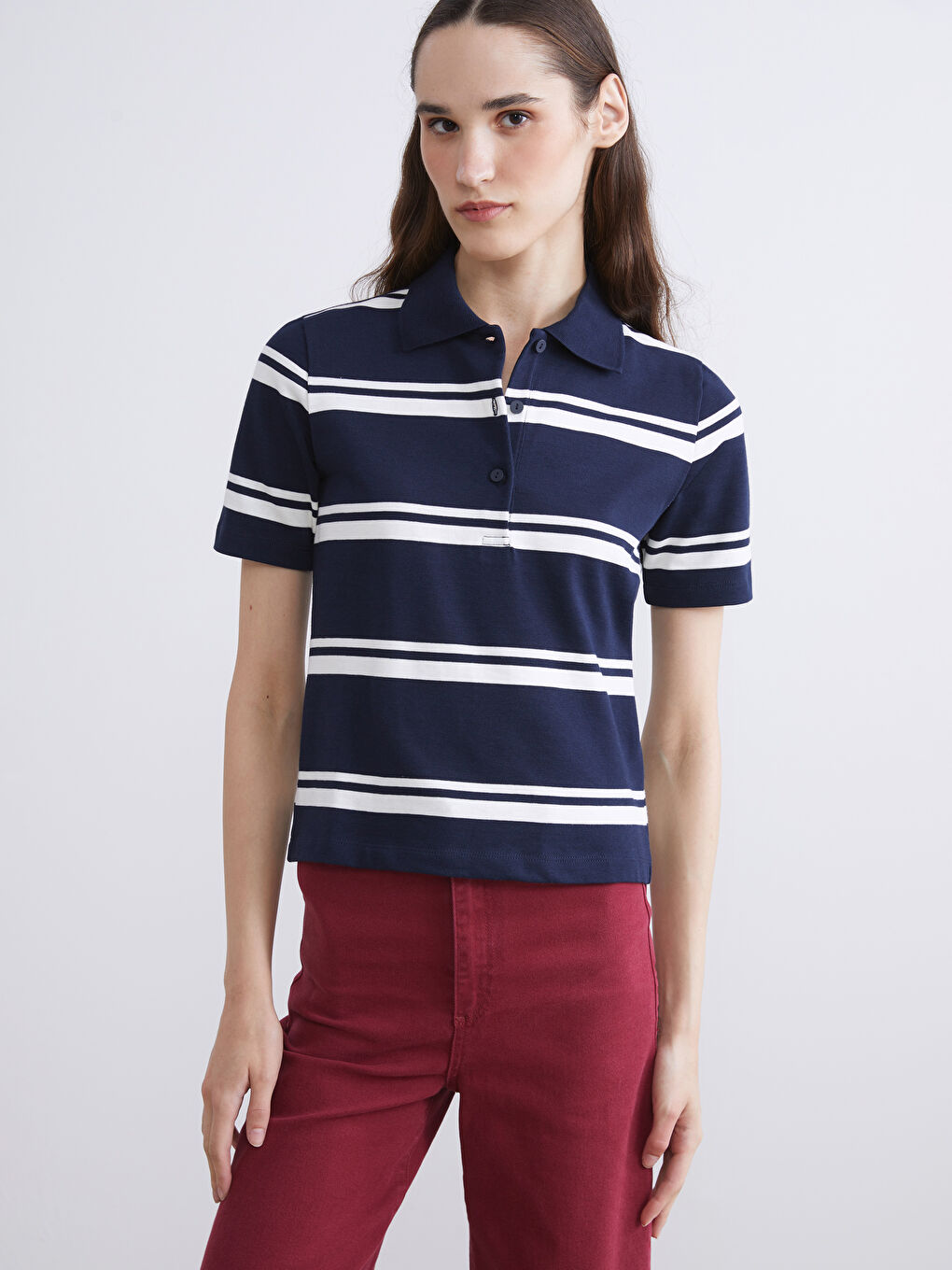 Lacivert Polo Yaka Çizgili Kadın Tişört