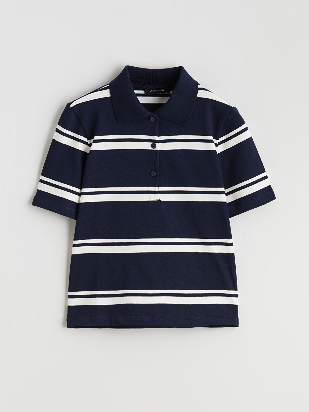 Lacivert Polo Yaka Çizgili Kadın Tişört-4