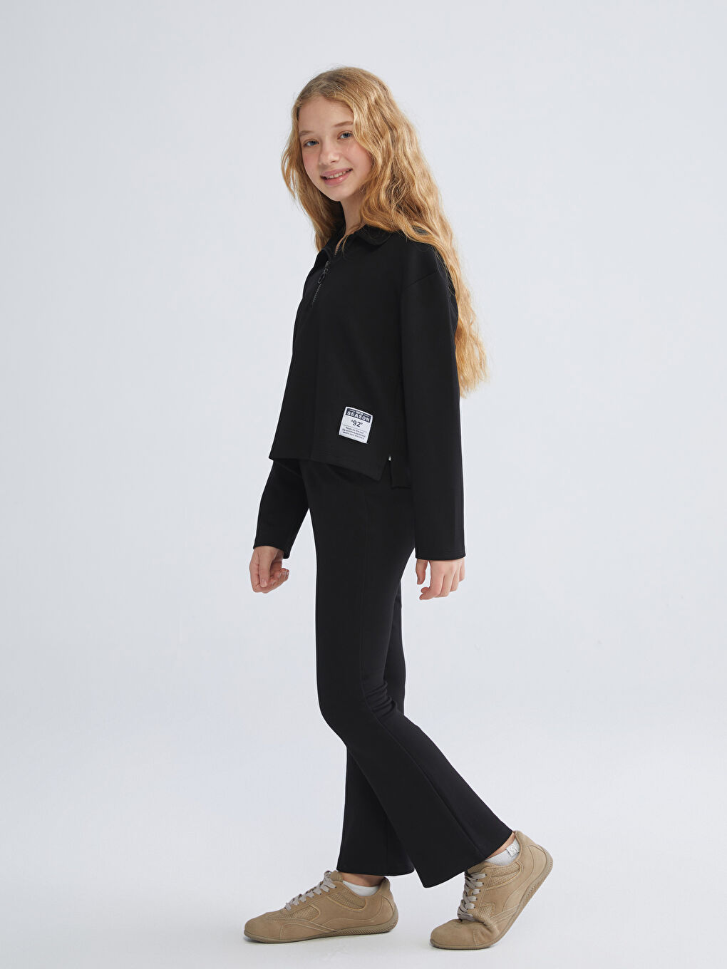 Siyah Polo Yaka Kız Çocuk Soft Touch Sweatshirt ve Pantolon