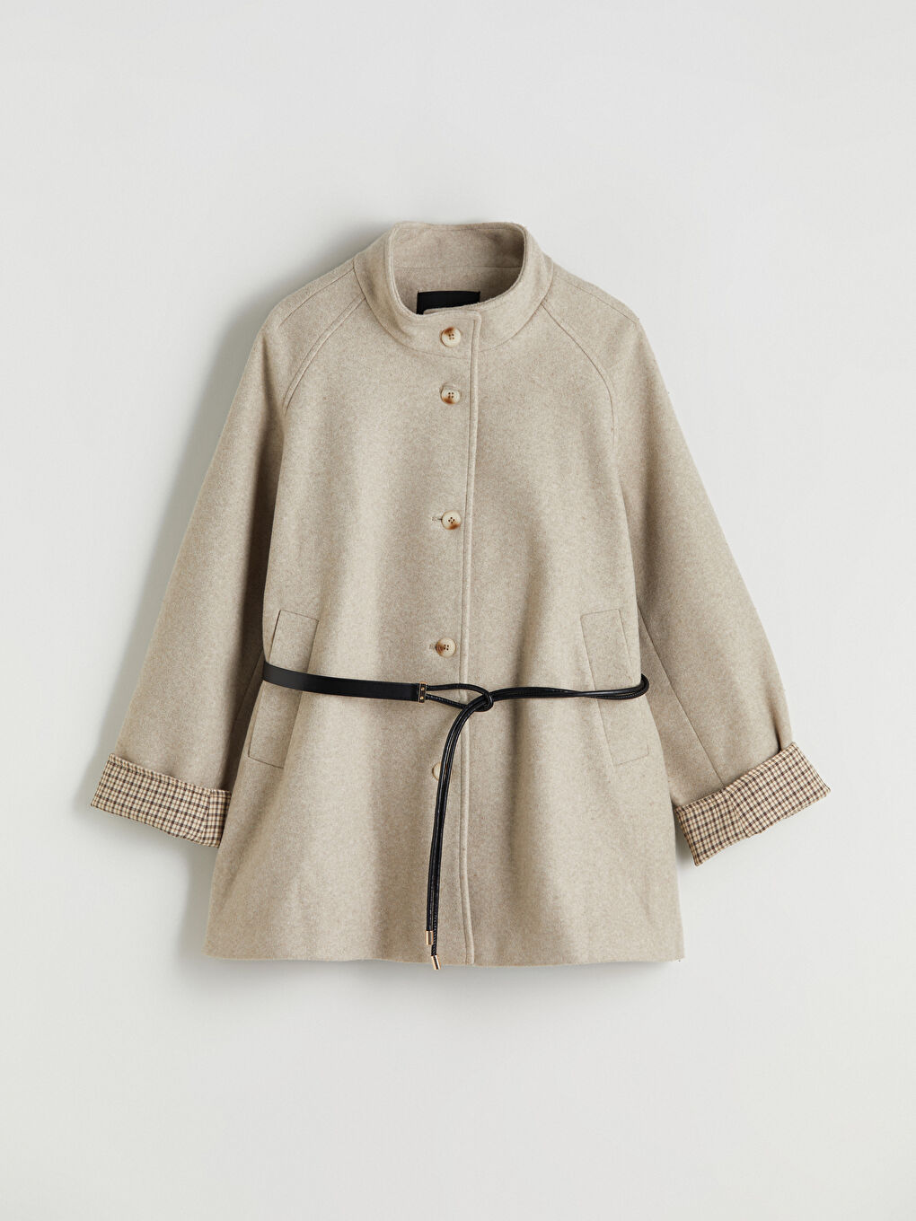 Bej Beli Kemerli Hakim Yaka Kadın Kaşe Kaban-5