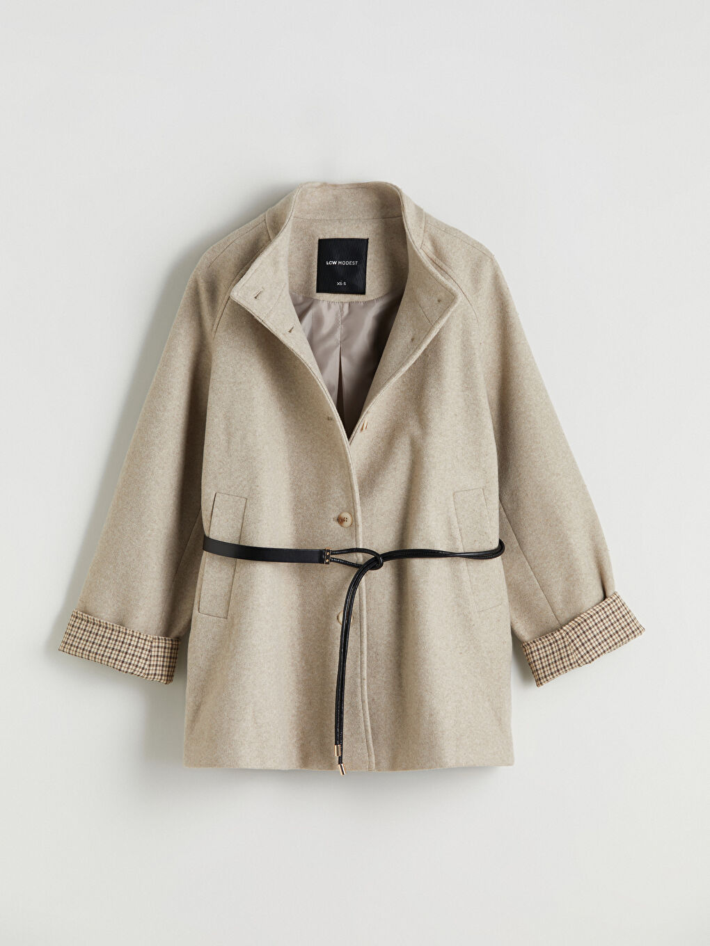 Bej Beli Kemerli Hakim Yaka Kadın Kaşe Kaban-6