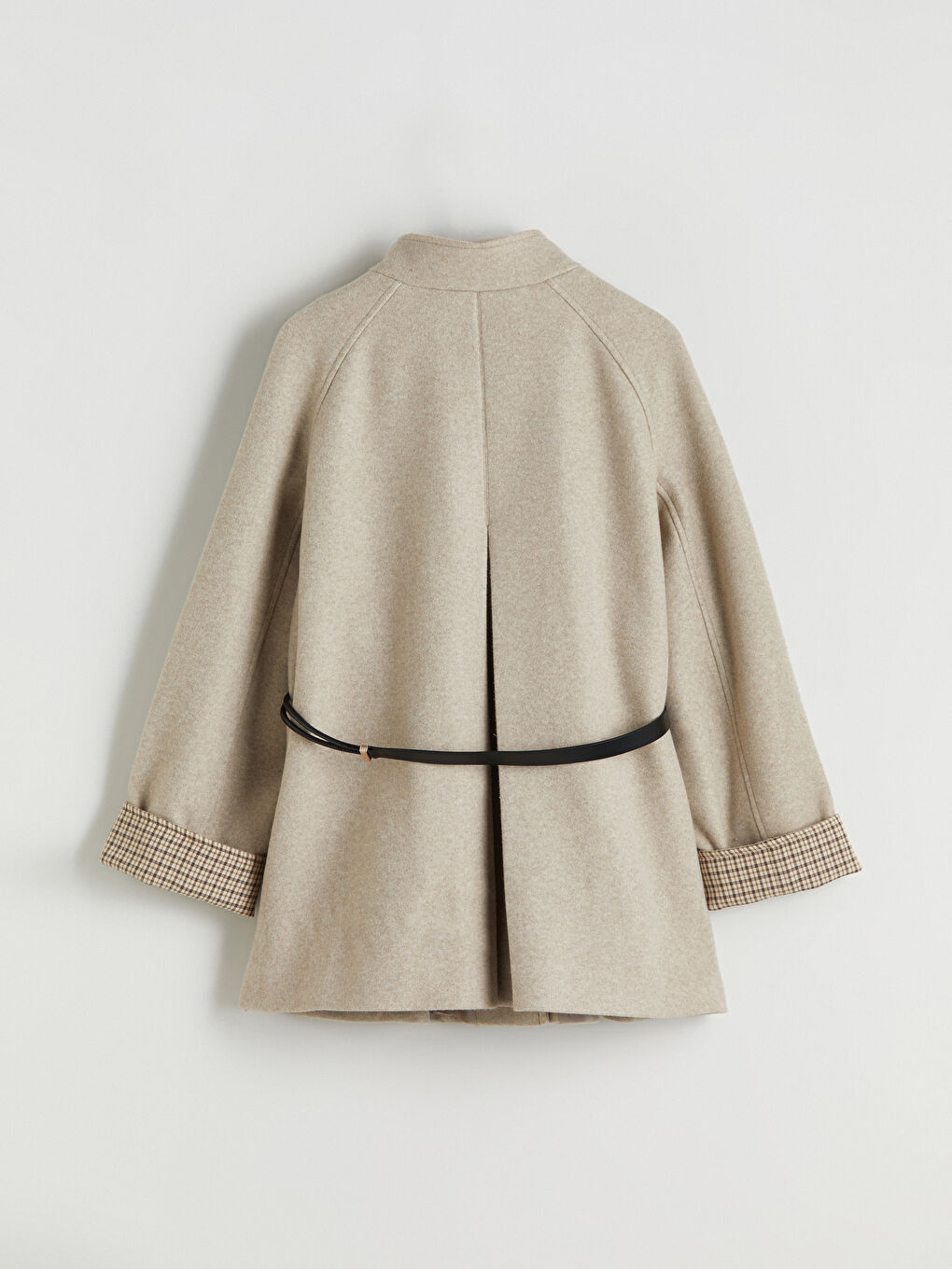 Bej Beli Kemerli Hakim Yaka Kadın Kaşe Kaban-7