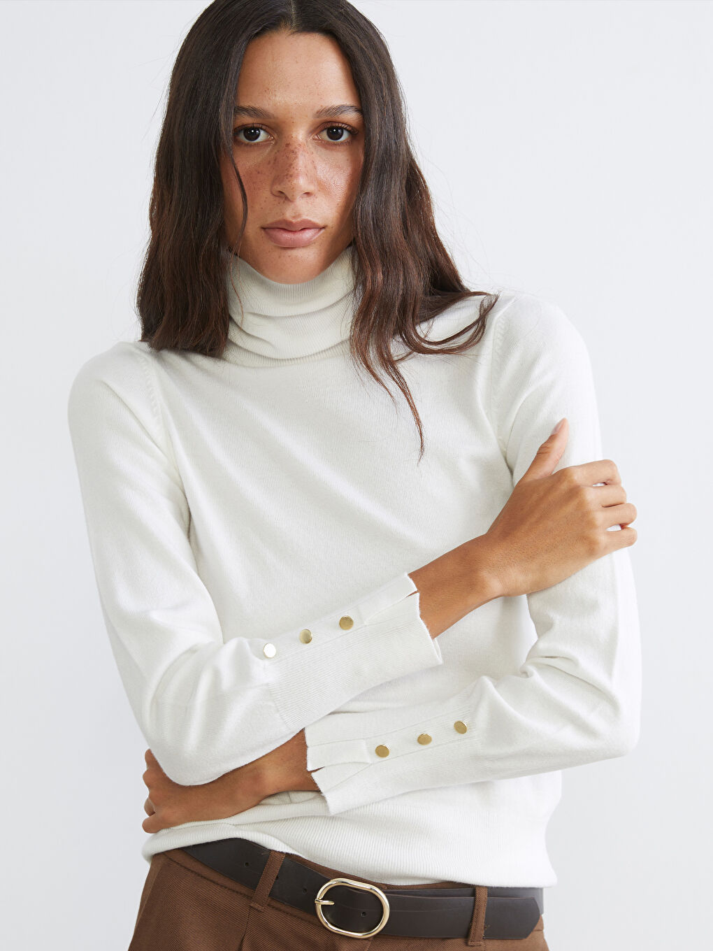 Ekru Balıkçı Yaka Kadın Triko Kazak