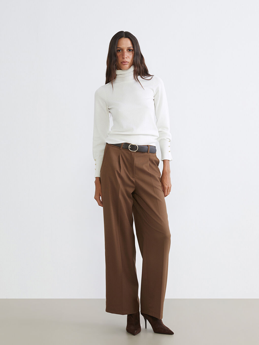 Ekru Balıkçı Yaka Kadın Triko Kazak-1