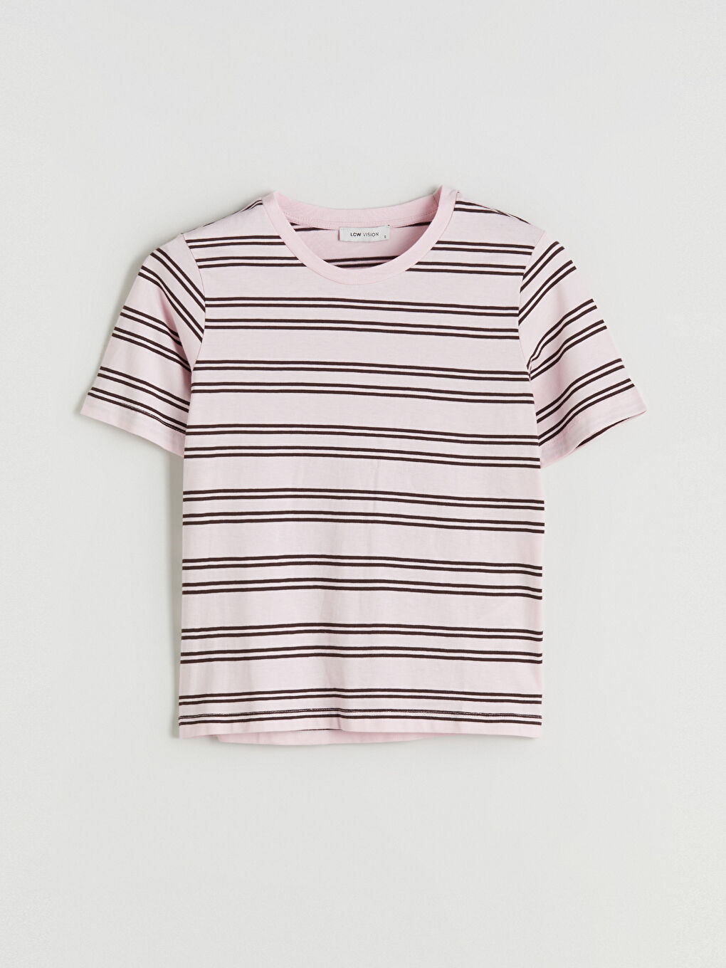 Pembe Bisiklet Yaka Çizgili Kadın Tişört-4