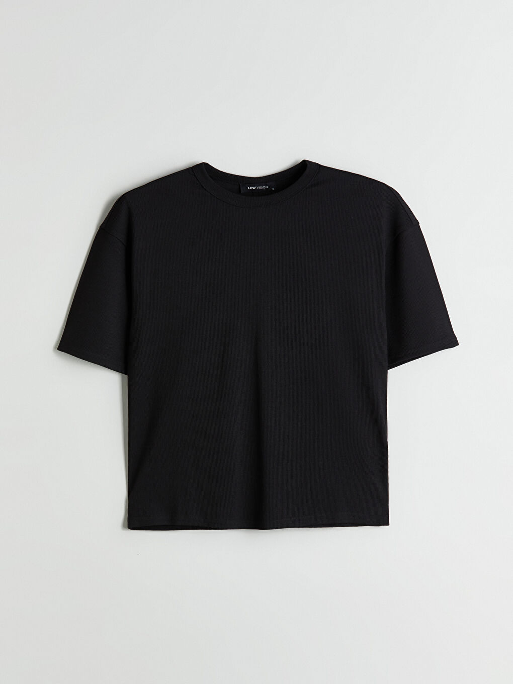 Әйелдерге арналған дөңгелек жағалы рельефті трикотаж футболка-4