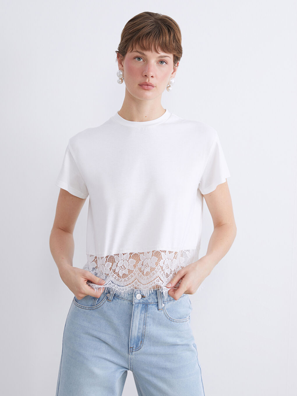 LCW Comfort Crew Neck Lace Blouse -W5JS44Z8-R9J