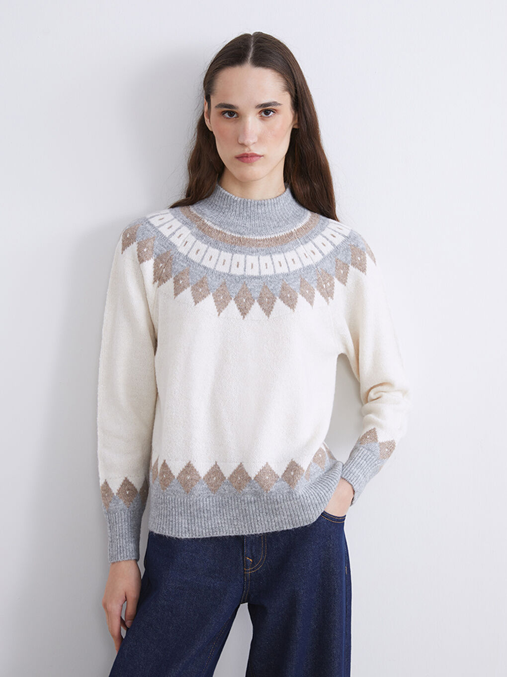 Mock Turtleneck Patterned Women's Knitwear Sweater