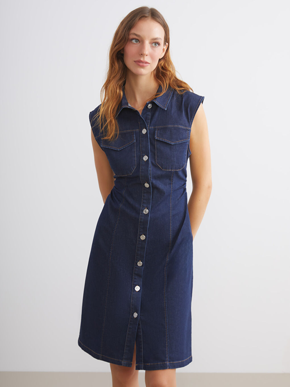 İndigo Gömlek Yaka Jean Elbise-2