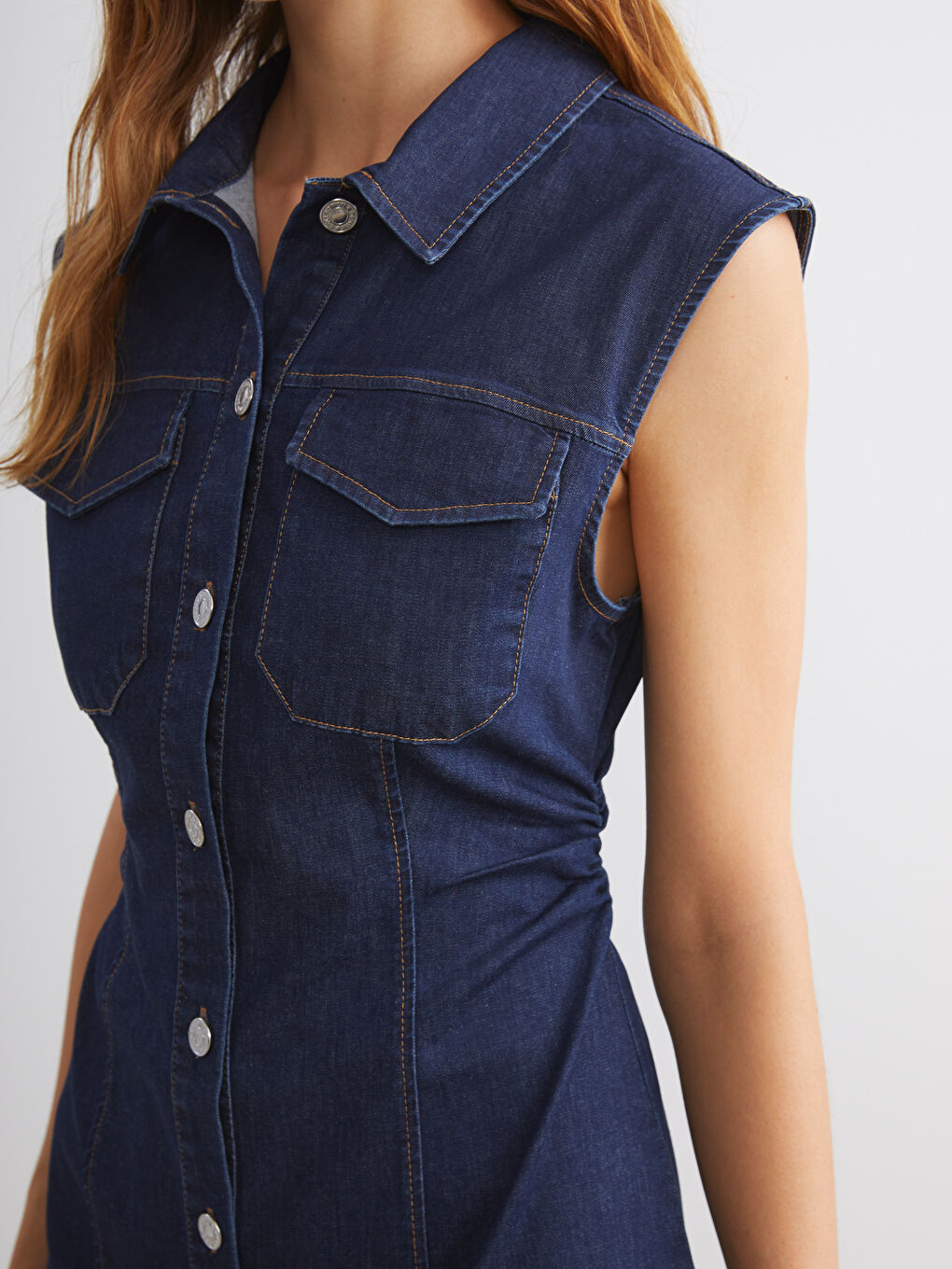 İndigo Gömlek Yaka Jean Elbise-3