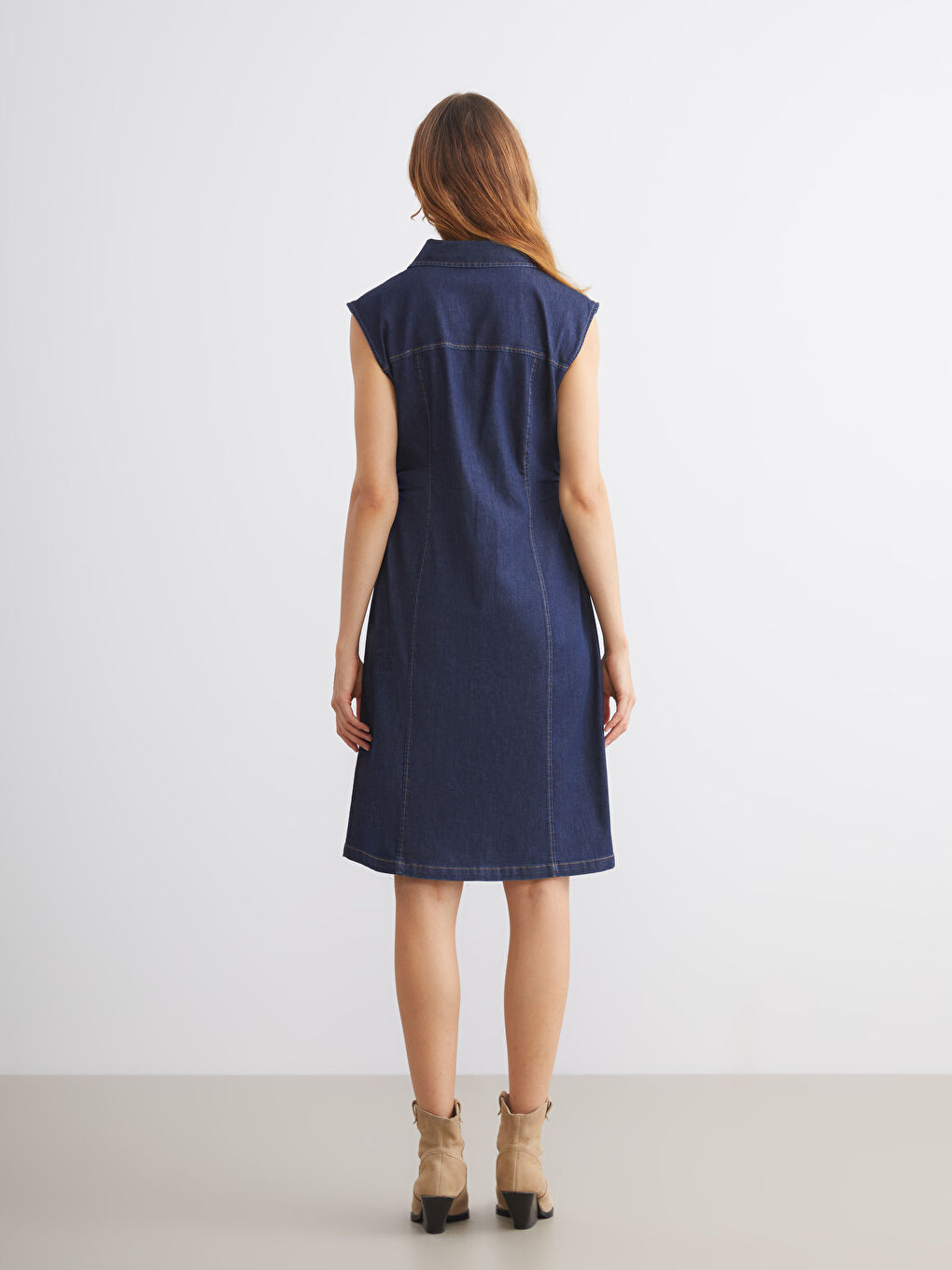 İndigo Gömlek Yaka Jean Elbise-4