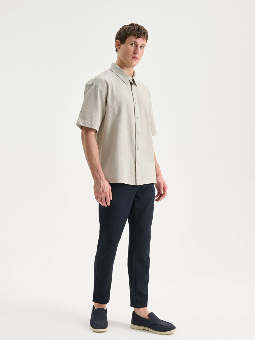 Bej Rahat Kalıp Kısa Kollu Erkek Gömlek-3