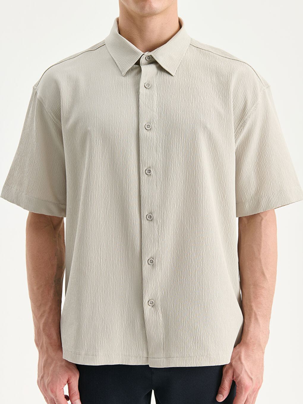 Bej Rahat Kalıp Kısa Kollu Erkek Gömlek-5