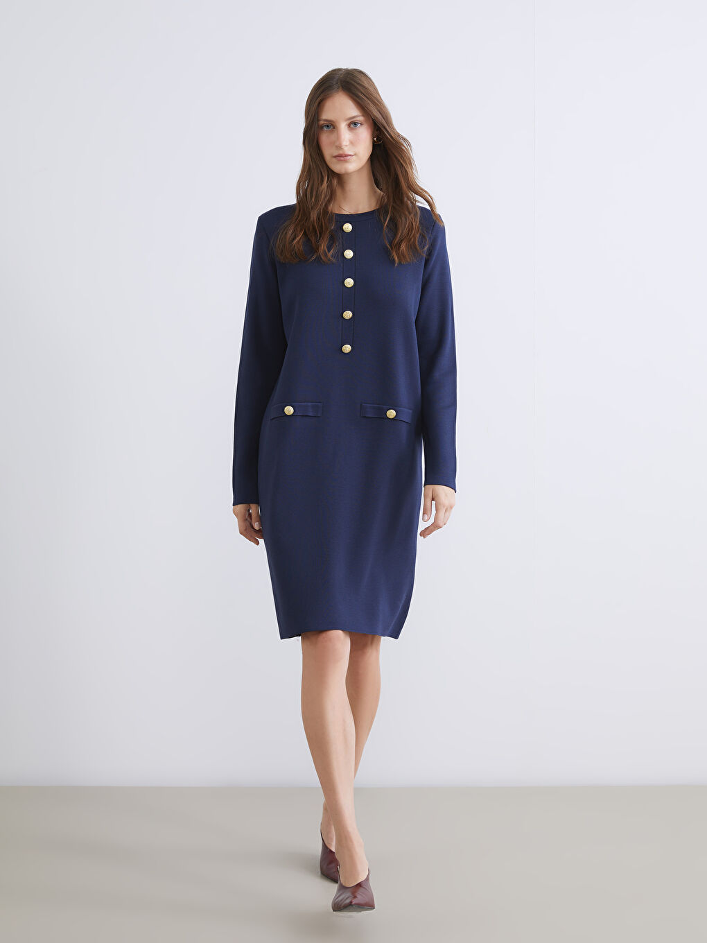 Lacivert Bisiklet Yaka Triko Elbise-1