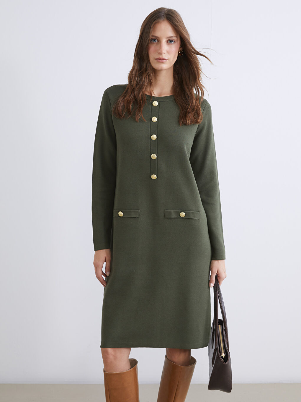 Haki Bisiklet Yaka Triko Elbise