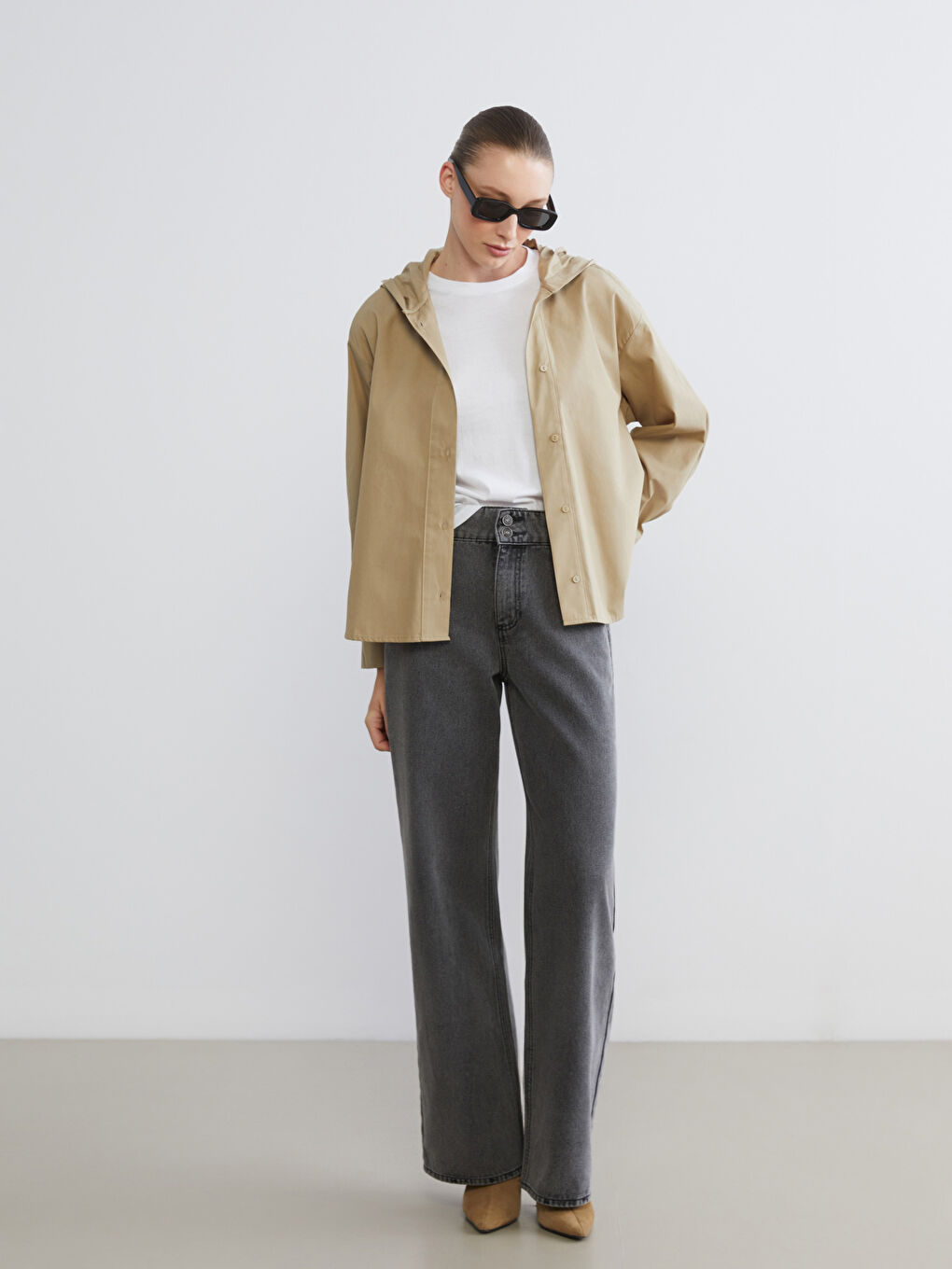 Haki Kapüşonlu Oversize Kadın Gömlek-1