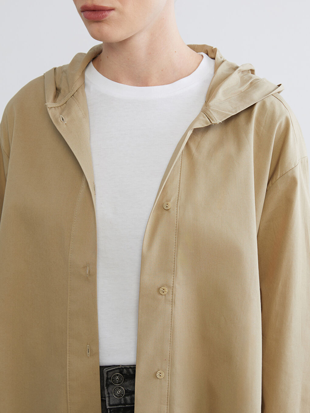 Haki Kapüşonlu Oversize Kadın Gömlek-2