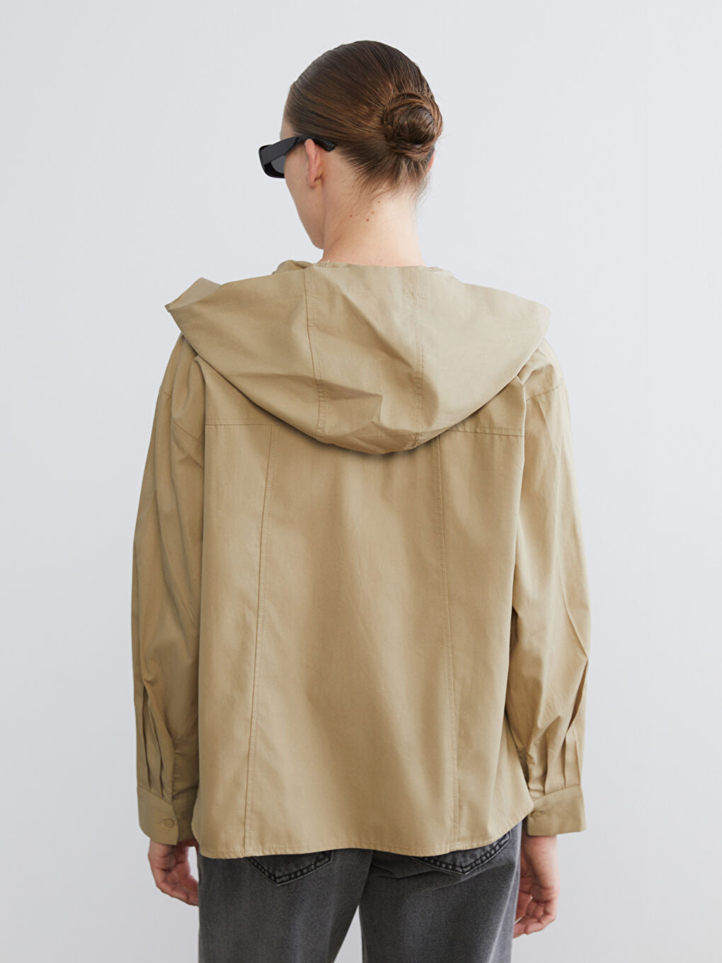 Haki Kapüşonlu Oversize Kadın Gömlek-3